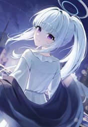 1girl absurdres black_jacket blue_archive blush closed_mouth daraamji2 dress from_behind highres jacket long_hair looking_at_viewer night night_sky noa_(blue_archive) noa_(pajamas)_(blue_archive) official_alternate_hairstyle official_art ponytail purple_eyes sidelocks sky smile solo upper_body white_dress white_hair