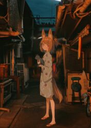 1girl absurdres alley animal animal_ear_fluff animal_ears bird black_cat blush brown_hair cat closed_mouth floral_print highres holding holding_animal holding_cat japanese_clothes kimono kurobeko_(kur0bek0) long_sleeves looking_at_viewer night original outdoors ponytail red_eyes sandals solo standing tail wide_sleeves yukata zouri