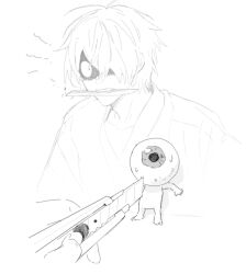 1boy ajisaiharuko boxcutter broken broken_sword broken_weapon eyeball gegege_no_kitarou greyscale hair_over_one_eye highres holding holding_boxcutter kitarou_tanjou:_gegege_no_nazo knife_in_mouth male_focus medama_oyaji medama_oyaji_(human) monochrome mouth_hold nervous_sweating projected_inset shaded_face simple_background sweat sweatdrop sword weapon white_background