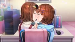 2girls blue_hoodie bob_cut book computer computer_tower dress flipped_hair game_cg hair_ornament hairband hairclip holding_hands hood hoodie incest indoors interlocked_fingers kiss monitor multicolored_hairband multiple_girls non-web_source office official_art on_chair otori_ai pinafore_dress profile red_dress shared_chair short_hair siblings sisters sitting sleeveless sleeveless_dress smile spoilers sweater turtleneck turtleneck_sweater white_sweater yanagiya_kokoro yumeutsutsu_re:master yuri