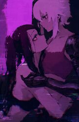 Rule 34 | 2girls, absurdres, black bra, bra, camisole, closed mouth, commentary, dana zane, english commentary, eye contact, glitch, highres, hug, jill stingray, long hair, looking at another, multiple girls, prosthesis, prosthetic arm, red camisole, red eyes, rnna, short hair, sidelocks, twintails, underwear, va-11 hall-a, white hair, yuri