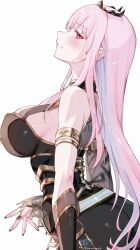 1girl absurdres armlet black_dress blunt_bangs bracer breasts commentary dress from_side grin highres hololive hololive_english jewelry kamiya_maneki large_breasts long_dress long_hair looking_at_viewer mori_calliope mori_calliope_(1st_costume) pink_eyes pink_hair sideboob sidelocks simple_background sleeveless sleeveless_dress smile solo straight_hair symbol-only_commentary tiara virtual_youtuber white_background