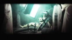 1girl 3boys ball_gag barefoot blonde_hair blurry blurry_background bound bound_arms bound_legs chaos;child constricted_pupils crossed_arms doctor feet from_behind gag gagged game_cg glass glowing hair_between_eyes hair_ribbon highres jacket lab_coat leather_strap monitor multiple_boys official_art one_side_up padded_jacket pain pink_hair reflection restrained ribbon sasaki_mutsumi screen screen_light side_ponytail sitting straitjacket toes torture wide-eyed yamazoe_uki