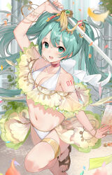 Rule 34 | 1girl, alternate costume, aqua eyes, breasts, haru (nakajou-28), hatsune miku, highres, holding, holding sword, holding weapon, long hair, looking at viewer, navel, number tattoo, open mouth, sandals, small breasts, smile, solo, standing, standing on one leg, swimsuit, sword, tattoo, twintails, very long hair, vocaloid, weapon