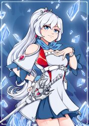 1girl absurdres belt blue_background blue_eyes blue_scarf bracelet breasts commentary cowboy_shot dress earrings english_commentary hair_ornament hand_on_own_chest hand_on_own_hip high_ponytail highres ice_shard jewelry keith_montalbo long_hair looking_at_viewer myrtenaster ponytail pouch rwby scar scar_across_eye scar_on_face scarf short_dress solo sword tiara very_long_hair weapon weiss_schnee white_belt
