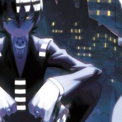 Rule 34 | 1boy, awk (awkawkl), black hair, black jacket, black pants, building, closed mouth, death the kid, glowing, glowing eyes, gun, hair between eyes, highres, holding, holding gun, holding weapon, jacket, jewelry, long sleeves, looking at viewer, male focus, multicolored hair, multiple rings, pants, ring, solo, soul eater, squatting, weapon, white hair, yellow eyes