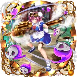 1girl alternate_costume apron bandaged_arm bandages blue_dress blue_shoes breasts bun_cover chain closed_eyes cuffs double_bun dress enmaided fighting_stance flower flying_sweatdrops frilled_dress frills game_cg gate gears ghost goggles goggles_on_head hair_bun highres holding holding_weapon ibaraki_kasen ibaraki_kasen_(hermit_housework_maid) large_breasts looking_at_viewer maid maid_apron mary_janes official_art outdoors pile_bunker pink_eyes pink_flower pink_hair pink_rose puffy_short_sleeves puffy_sleeves rose rotte_(1109) shackles shoes short_sleeves smile socks solo steam steampunk thigh_strap third-party_source touhou touhou_lostword transparent_background waist_apron weapon white_apron white_socks