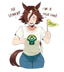 1girl animal_ears breasts brown_hair closed_eyes collarbone denim english_text francisco_mon hair_over_one_eye highres horse_ears horse_girl horse_tail jeans long_hair meme multicolored_hair open_mouth pants ponytail shirt short_sleeves simple_background small_breasts solo t-shirt tail teeth umamusume vinesauce vineshroom vodka_(umamusume) white_background white_hair white_shirt
