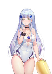 1girl absurdres blush breasts choker cleavage cleavage_cutout clothing_cutout facial_mark girls&#039;_frontline green_eyes hair_ornament highres hk416_(girls&#039;_frontline) large_breasts long_hair looking_at_viewer nail_polish navel nianbingzi one-piece_swimsuit silver_hair solo swimsuit teardrop