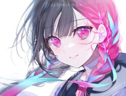black_hair blue_hair braid choker commentary_request earphones halftone heartbeat jacket looking_at_viewer miwano_rag multicolored_hair original pink_eyes pink_hair tagme teeth white_background white_choker