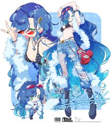 1girl blue_hair boxing_gloves chibi coat commission fishnet_pantyhose fishnets glasses_on_head hair_over_one_eye multiple_views namagaki_ataru navel_piercing original pants pantyhose piercing skeb_commission spikes tongue tongue_out tongue_piercing torn_clothes torn_pants