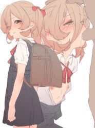 1boy 1girl aged_down backpack bag blonde_hair blush censored crying crying_with_eyes_open dress fellatio flat_chest hand_on_another&#039;s_head hetero highres loli looking_at_viewer mosaic_censoring nijisanji nipples nui_sociere oral osanai_sanday penis randoseru school_uniform short_hair short_twintails tears twintails yellow_eyes
