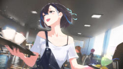 :d blue_nails blue_streaks blue_suspenders brown_hair cafe ceiling_light ceres_fauna chair coffee_mug cohi27151463 cup food glass glint grey_eyes hair_ribbon holding holding_tray hololive hololive_english indie_virtual_youtuber indoors kiryu_coco light_blush light_particles looking_to_the_side minato_aqua mole mole_under_eye motion_blur mug multicolored_hair nanashi_mumei off-shoulder_shirt off_shoulder open_mouth parted_bangs ribbon shirt short_hair smile solo_focus streaked_hair suspenders suspenders_slip table teeth tray upper_body upper_teeth_only white_shirt yubari_rei