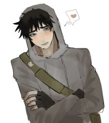 1boy :| aegyo_sal black_eyes black_gloves black_hair blush closed_mouth crossed_arms cry_of_fear fingerless_gloves gloves grey_hoodie head_tilt heart hello_kitty_print highres hood hood_up hoodie ji01_jiji looking_at_viewer male_focus short_hair solo spoken_heart white_background