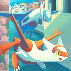 blue_wings dragon flying gen_3_pokemon hashtag-only_commentary highres house keruasu0629 latias latios legendary_pokemon midair nintendo no_humans pokemon red_eyes red_wings smile water wings yellow_eyes