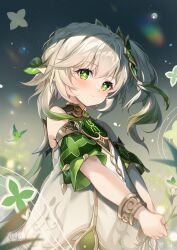 1girl absurdres bracelet crystalfly_(genshin_impact) detached_sleeves dress flower genshin_impact gradient_hair green_eyes green_hair guzangnanfeng hair_between_eyes hair_ornament highres holding holding_flower jewelry leaf_hair_ornament light_smile long_hair looking_at_viewer multicolored_hair nahida_(genshin_impact) pointy_ears side_ponytail solo standing symbol-shaped_pupils white_dress white_hair