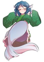 1girl alphes_(style) blue_hair blush breasts closed_eyes closed_mouth commentary_request dairi drill_hair fins frilled_kimono frills full_body green_kimono hands_up head_fins japanese_clothes kimono large_breasts large_variant_set mermaid monster_girl parody solo style_parody sweatdrop touhou transparent_background variant_set wakasagihime wide_sleeves