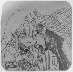 2girls black_hair breasts hat heaven_burns_red highres kiss kissing_cheek koto_tooko large_breasts long_hair multiple_girls sakuraba_seira tenne_miko traditional_media veil very_long_hair witch_hat yuri
