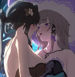 Rule 34 | 2girls, adversarial noise, after kiss, aqua hair, armpit crease, breasts, brown hair, commentary, cropped, hair ornament, hair ribbon, hat, herta (honkai: star rail), honkai: star rail, honkai (series), indoors, jewelry, key, key necklace, large breasts, long hair, medium breasts, multicolored hair, multiple girls, nashidrop, necklace, open mouth, paid reward available, purple eyes, purple ribbon, ribbon, ruan mei (honkai: star rail), saliva, saliva trail, streaked hair, the herta (honkai: star rail), upper body, witch hat, yuri