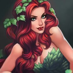 1girl bare_arms bare_shoulders batman_(series) breasts cleavage closed_mouth dc_comics green_eyes green_leotard gunnergurl hair_ornament large_breasts leaf_hair_ornament leotard lips long_hair looking_at_viewer medium_breasts naughty_face non-web_source parted_bangs poison_ivy red_hair red_lips smile solo strapless strapless_leotard upper_body
