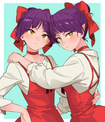 2girls bow choker dress gegege_no_kitarou gegege_no_kitarou_6 hair_bow hair_bun hand_on_another&#039;s_back hand_on_another&#039;s_shoulder hand_on_own_hip highres kitarou_tanjou:_gegege_no_nazo long_sleeves looking_at_viewer looking_back multiple_girls nekomusume nekomusume_(gegege_no_kitarou_6) pointy_ears purple_hair red_choker red_dress shirt silanduqiaocui white_shirt yellow_eyes