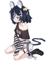 1girl animal_ears black_hair black_nails black_shirt boots bow choker collarbone glasses hair_bow hair_ornament hairclip highres indie_virtual_youtuber looking_at_viewer maplesights mouse_ears nail_polish nemimi_yane off_shoulder red_eyes shirt short_hair sitting skirt solo tail thigh_strap wariza