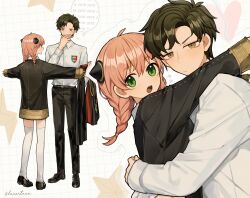 1boy 1girl absurdres aged_up alternate_hairstyle anya_(spy_x_family) black_hair black_pants black_shirt black_shoes blush braid closed_mouth damian_desmond ducartoon eden_academy_school_uniform green_eyes hairpods highres long_hair long_sleeves looking_at_viewer open_mouth pants pink_hair school_uniform shirt shoes short_hair socks spy_x_family thighhighs twin_braids white_shirt white_socks white_thighhighs yellow_eyes