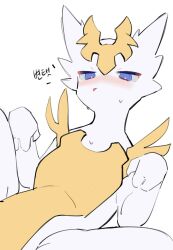 1girl armor blue_eyes blush dragon_girl dragon_village_(series) dragon_village_collection embarrassed furry furry_female god_dragon_(dragon_village) gold_armor highres hufy jitome korean_text looking_at_viewer simple_background solo translation_request white_background