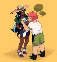 1boy 1girl absurdres ahoge black_hair blue_hair dark-skinned_female dark_skin earrings flying_sweatdrops freckles full_body highres hoop_earrings jewelry looking_at_another midriff milo_(pokemon) nessa_(pokemon) nintendo pink_hair pokemon pokemon_swsh sandals sangled standing tile_floor tiles yellow_background