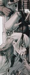 1boy 1other black_liquid coat finger_to_mouth gloves greyscale gyujik_qzc highres holding holding_kettle kettle medicine_pocket monochrome multicolored_hair pouring pouring_onto_another profile reverse:1999 solo_focus x_(reverse:1999)