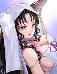 1girl absurdres bare_shoulders black_hair breasts chest_tattoo cleavage commentary demon_horns dress facial_mark fate/grand_order fate_(series) from_side ginshima_jill hair_over_shoulder highres horn_ornament horns large_breasts long_hair looking_at_viewer mature_female parted_lips seductive_smile sessyoin_kiara smile solo tattoo teeth white_dress yellow_eyes