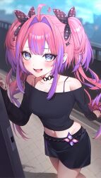 Rule 34 | + +, 1girl, 58ya, absurdres, ahoge, bag, bare shoulders, black ribbon, black skirt, black sweater, blue eyes, blue sky, blush, breasts, cleavage, collarbone, day, fang, fingernails, hair intakes, hair ribbon, handbag, highres, holding, holding bag, hololive, hololive dev is, holonatsu paradise, kikirara vivi, kikirara vivi (holonatsu paradise), large breasts, long hair, long sleeves, midriff, multicolored hair, nail polish, navel, open mouth, pink bag, pink hair, pink lips, pink nails, purple hair, ribbon, skirt, sky, smile, solo, sparkle print, stomach, sweater, teeth, thighs, tongue, twintails, two-tone hair, virtual youtuber
