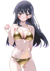 1girl bikini black_hair blush boku_no_kokoro_no_yabai_yatsu breasts brown_eyes cleavage closed_mouth collarbone commentary_request cowboy_shot gold_bikini hand_up highres large_breasts long_hair looking_at_viewer navel side-tie_bikini_bottom silent_armor simple_background solo swimsuit white_background yamada_anna