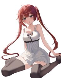 1girl absurdres ahoge akane_lize bare_arms bare_shoulders black_eyes black_thighhighs breasts cleavage collarbone dress fang highres iruka_(furyun0220) long_hair looking_at_viewer medium_breasts mole mole_on_cheek multi-strapped_dress multicolored_hair no_shoes open_mouth red_hair short_dress simple_background sitting skin_fang sleeveless sleeveless_dress solo stellive streaked_hair thighhighs twintails very_long_hair virtual_youtuber wariza white_background white_dress zettai_ryouiki