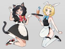 2girls :d animal_ears apron bell black_dress black_hair black_leotard black_shoes blonde_hair blue_eyes blunt_bangs blush bow bowtie braid breasts cat_ears cat_girl cat_tail collar dress drink eyelashes fake_animal_ears fang fua1heyvot4ifsr full_body gloves green_eyes grey_background highres holding holding_tray leotard lillie_(pokemon) long_hair looking_at_viewer maid maid_apron maid_headdress multiple_girls nintendo nontraditional_playboy_bunny open_mouth petticoat playboy_bunny pokemon pokemon_sm puffy_short_sleeves puffy_sleeves rabbit_ears rabbit_tail red_bow red_bowtie selene_(pokemon) shoes short_hair short_sleeves smile socks tail thighhighs tray twin_braids white_apron white_gloves white_socks white_thighhighs wrist_cuffs