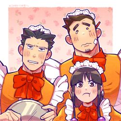 1girl 2boys ace_attorney apron black_hair border bow crossdressing dick_gumshoe dress facial_hair fingernails goatee_stubble highres holding holding_tray maid_headdress maya_fey multiple_boys orange_bow orange_dress pencil_behind_ear phoenix_wright phoenix_wright:_ace_attorney_-_trials_and_tribulations pout short_hair stubble sweatdrop tears tray wavy_mouth white_apron white_border yowasabimechaoc