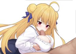 1boy 1girl ahoge black_skirt blonde_hair blue_bow blush bow breasts breasts_squeezed_together censored cleavage clothed_female_nude_male commentary_request commission cowboy_shot double_bun erection fellatio frilled_sailor_collar frilled_shirt frilled_sleeves frills from_side ghost_villager grabbing_own_breast hair_bow hair_bun hamidashi_creative hetero huge_ahoge izumi_hiyori large_breasts long_hair long_sleeves looking_at_penis looking_down male_pubic_hair mosaic_censoring nude oral paizuri paizuri_under_clothes penis pixiv_commission pubic_hair red_eyes sailor_collar shirt simple_background skirt solo_focus straight_hair variant_set very_long_hair white_background white_sailor_collar white_shirt