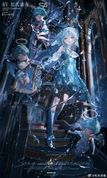 Rule 34 | angel, angel wings, blue dress, blue eyes, blue hair, closed eyes, detached sleeves, dress, english text, feathered wings, halo, high heels, highres, holding, holding instrument, instrument, jewelry, long hair, multiple boys, multiple girls, music, original, playing instrument, short hair, shorts, sitting, socks, song shi xiaodu, stairs, standing, violin, wings