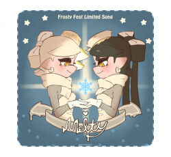 2girls album_cover album_name black_hair border bow-shaped_hair breasts callie_(frostyfest)_(splatoon) callie_(splatoon) commentary_request coula_cat cover cross-shaped_pupils cupping_hands cursive dress dripping earrings english_text face-to-face facing_another food-themed_hair_ornament from_side gloves grey_shirt hair_ornament heart highres holding_hands inkling jewelry large_ears light_blush long_hair long_sleeves looking_at_object looking_down marie_(frostyfest)_(splatoon) marie_(splatoon) mole mole_under_eye multiple_girls nintendo object_floating_above_hand own_hands_together pointy_ears profile ribbon scarf shirt shirt_under_dress short_hair small_breasts smile snowflakes splatoon_(series) splatoon_1 star_(symbol) strapless strapless_dress swept_bangs symbol-shaped_pupils tentacle_hair thick_eyebrows thick_eyelashes twitter_username upper_body very_long_hair white_border white_dress white_gloves white_hair white_scarf winter yellow_eyes