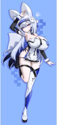 Rule 34 | 1girl, animal ears, arm up, asymmetrical footwear, asymmetrical legwear, black boots, black hair, blue background, blue hair, boots, breasts, cleavage, colored inner hair, covered groin, dress, fox ears, fox girl, fox tail, full body, gradient hair, hair between eyes, hairband, highres, large breasts, long hair, looking at viewer, mamuru, microdress, multicolored hair, original, pelvic curtain, purple eyes, shoes, single thighhigh, solo, standing, standing on one leg, strapless, strapless dress, tail, thigh strap, thighhighs, very long hair, white hair, white shoes, zipper