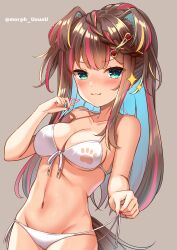 Rule 34 | 1girl, akine (kuroyuri), animal ears, bikini, blue hair, breasts, brown eyes, cleavage, collarbone, colored inner hair, commentary request, dog ears, dog tail, front-tie bikini top, front-tie top, highres, indie virtual youtuber, inusaka morph, looking at viewer, medium breasts, multicolored hair, paw print, pink hair, ponytail, side-tie bikini bottom, smile, solo, streaked hair, swimsuit, tail, virtual youtuber, white bikini, yellow eyes