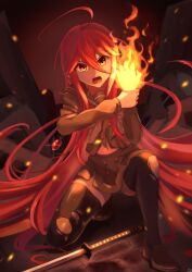 1girl absurdly_long_hair ahoge alastor_(shakugan_no_shana) black_thighhighs brown_shoes buttons clenched_hand commentary_request double-breasted fighting_stance fire full_body glint green_sailor_collar green_serafuku green_shirt green_skirt hair_between_eyes hand_on_own_arm hands_up highres jewelry katana kneeling light_particles loafers long_hair long_sleeves looking_at_viewer navel necklace open_mouth pyrokinesis red_eyes red_hair rubble sailor_collar school_uniform seiyagasa serafuku serious shakugan_no_shana shana shirt shoes sidelocks skirt solo sword teeth thighhighs thighs torn_clothes torn_shirt torn_skirt torn_thighhighs v-shaped_eyebrows very_long_hair weapon zettai_ryouiki
