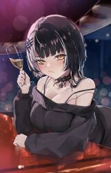 1girl alcohol alternate_costume bar_(place) bare_shoulders black_choker black_dress black_hair black_nails black_sweater breasts champagne choker cleavage collarbone counter cup dress drinking_glass grey_hair hair_between_eyes highres holding hololive hololive_english indoors lace-trimmed_choker lace_trim large_breasts long_hair long_sleeves looking_at_viewer multicolored_hair off-shoulder_sweater off_shoulder ribbed_sweater shiori_novella sitting solo split-color_hair sweater toake_(user_affe3424) two-tone_hair virtual_youtuber whiskey yellow_eyes