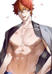 1boy abs adam&#039;s_apple bara bare_pectorals blue_eyes chariko collarbone crossed_bangs earrings genshin_impact glint heart hickey highres jacket jacket_on_shoulders jewelry large_pectorals looking_at_viewer male_focus muscular navel nipple_piercing nipples orange_hair pectorals piercing scar_on_pecs simple_background solo tartaglia_(genshin_impact) tongue tongue_out upper_body white_background