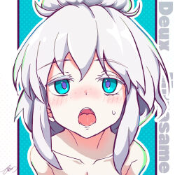 1girl blue_background blue_eyes blush character_name collarbone commentary deux_murasame grey_hair gundam gundam_gquuuuuux highres long_hair nanase_ryo nude open_mouth purple_pupils signature solo teeth updo