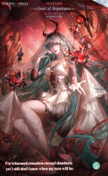 1girl absurdly_long_hair aqua_hair artist_request blood boots breasts cleavage closed_mouth collar collarbone demon_horns detached_collar dress expressionless floating foot_out_of_frame ghost gloves gown hair_between_eyes hair_through_headwear heart_of_repentence_(shining_nikki) high_collar high_heel_boots high_heels highres horns issor_(shining_nikki) kneehighs lace lace-trimmed_veil lace_collar lace_thighhighs lace_trim light_particles lipstick long_dress long_hair looking_at_viewer makeup nikki_(series) offering_hand official_art outstretched_hand purple_eyes red_boots red_horns red_lips red_ribbon red_sky ribbon second-party_source see-through_clothes see-through_veil shining_nikki sky socks solo thighhighs veil very_long_hair white_collar white_dress white_gloves white_socks white_veil