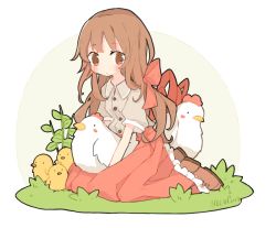 ._. :/ animal animal_on_lap bird blunt_bangs blush blush_stickers bow brown_eyes brown_hair brown_shoes chick chicken closed_mouth collared_shirt dated dress_shirt expressionless frills from_side full_body grass grey_background grey_shirt hair_bow holding holding_animal leaf long_hair long_skirt looking_to_the_side melanbread no_nose on_grass on_ground on_lap original outdoors outside_border plant pleated_skirt puffy_short_sleeves puffy_sleeves red_bow red_skirt rooster seiza shirt shirt_tucked_in shoes short_sleeves signature simple_background sitting skirt solo tareme two-tone_background white_background wing_collar