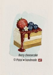 artist_name blueberry cake cake_slice cheesecake commentary english_text food food_focus food_name fruit highres no_humans original pistol_handmade_(artist) simple_background strawberry traditional_media