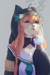Rule 34 | 1girl, absurdres, animal ear headwear, ascot, black jacket, black veil, blue archive, blue ascot, blue eyes, braid, cigarette, fake animal ears, fanwu (1218775907), flower, hair between eyes, hair flower, hair ornament, highres, holding, holding cigarette, jacket, long hair, looking up, mari (blue archive), orange hair, parted lips, sailor collar, shirt, single braid, smoking, solo, upper body, veil, white flower, white sailor collar, white shirt