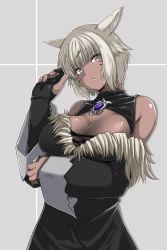 1girl alternate_breast_size animal_ears arm_under_breasts black_dress breasts cat_ears cleavage_cutout clothing_cutout cowboy_shot dark-skinned_female dark_skin detached_sleeves dress facial_mark final_fantasy final_fantasy_xiv fur_trim gloves grey_background grey_eyes head_tilt highres jewelry kaname_nagi large_breasts looking_at_viewer miqo&#039;te ring short_hair single_glove solo whisker_markings white_hair y&#039;shtola_rhul